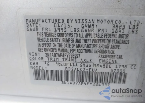 2015 Nissan Sentra S from USA, damaged, VIN 3N1AB7AP4FY226997
